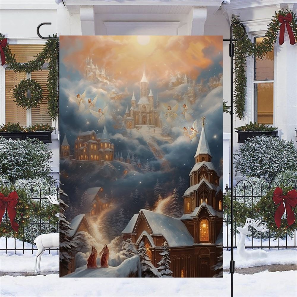 Snow Cloaked Cathedrals And Angelic Serenades Flag, Christmas Angel Garden Flag, Christmas Outdoor Decor Ideas
