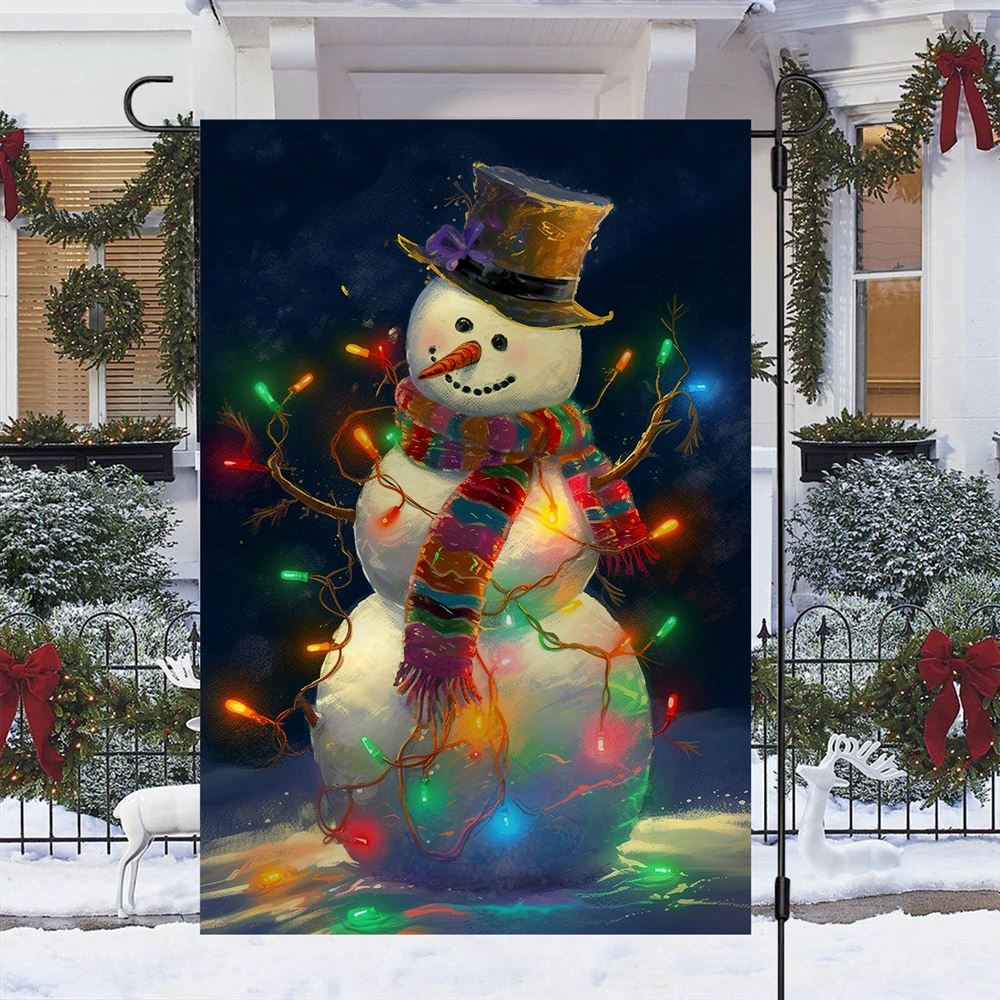 Snowman Surrounded By String Lights Flag, Christmas Garden Flag, Home Decor Accessories, Christmas Outdoor Decor Ideas