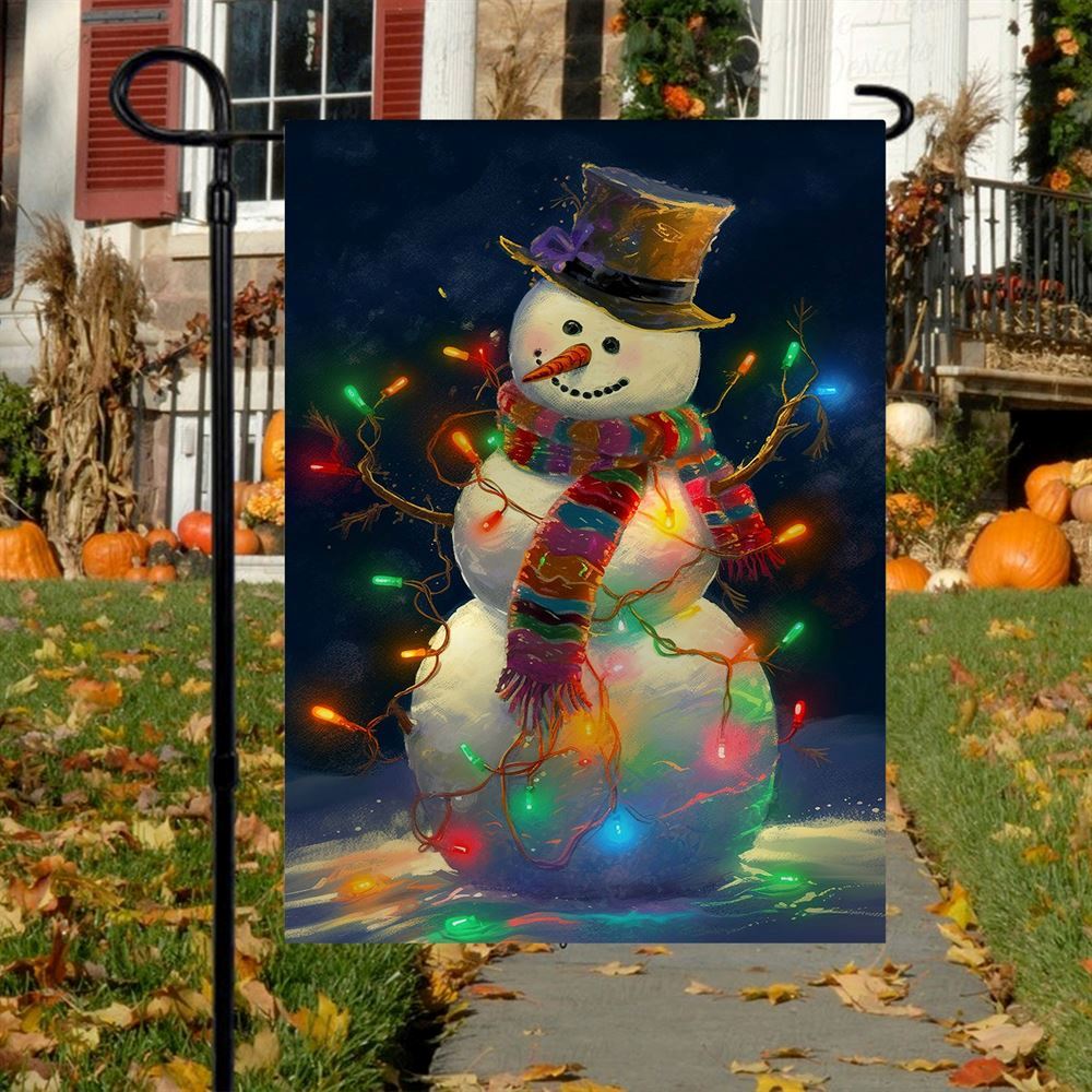 Snowman Surrounded By String Lights Flag, Christmas Garden Flag, Home Decor Accessories, Christmas Outdoor Decor Ideas