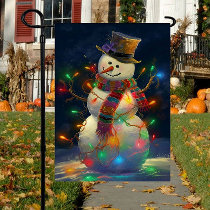 Snowman Surrounded By String Lights Flag, Christmas Garden Flag, Home Decor Accessories, Christmas Outdoor Decor Ideas