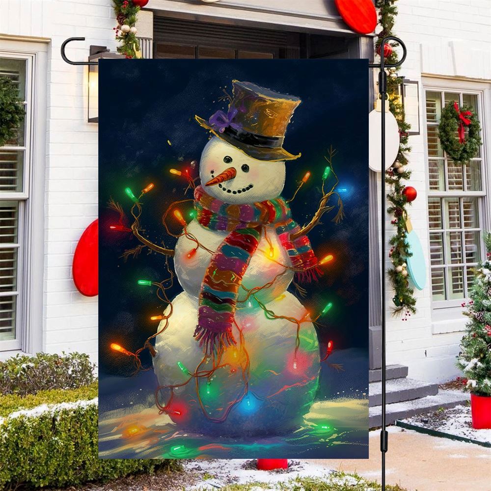 Snowman Surrounded By String Lights Flag, Christmas Garden Flag, Home Decor Accessories, Christmas Outdoor Decor Ideas