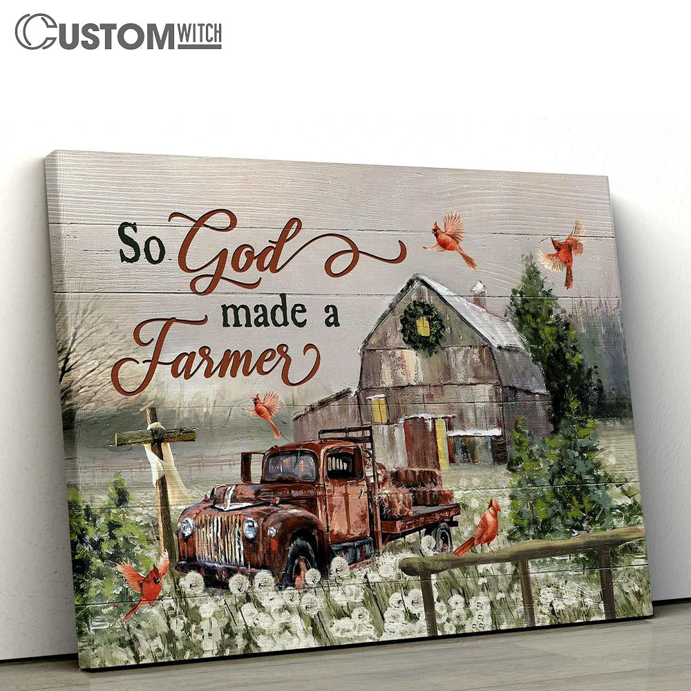 So God Made A Farmer Red Cardinal Old Truck Wooden Cross Canvas Art - Bible Verse Wall Art - Wall Decor Christian