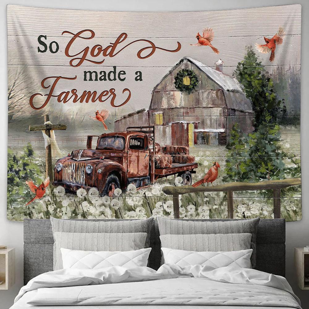 So God Made A Farmer Red Cardinal Old Truck Wooden Cross Tapestry Art - Bible Verse Wall Art - Wall Decor Christian