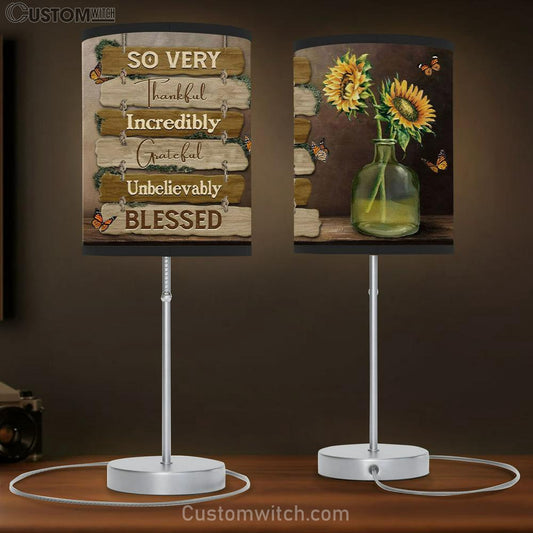 So Very Thankful Incredibly Grateful Unbelievably Blessed Table Lamb Gift - Butterfly Sunflower - Christian Bedroom Decor
