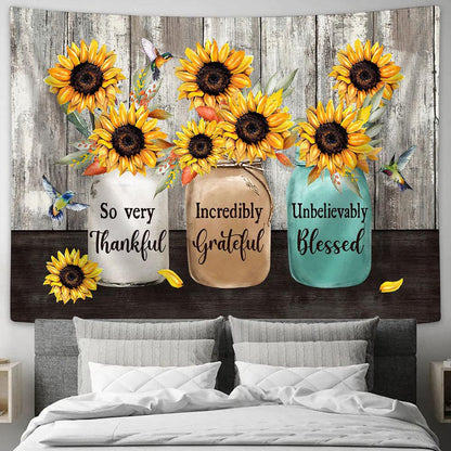 So very thankful sunflower hummingbird Tapestry Wall Art - Bible Verse Tapestry - Religious Tapestry Wall Hanging