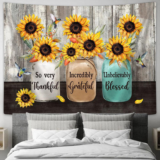 So very thankful sunflower hummingbird Tapestry Wall Art - Bible Verse Tapestry - Religious Tapestry Wall Hanging