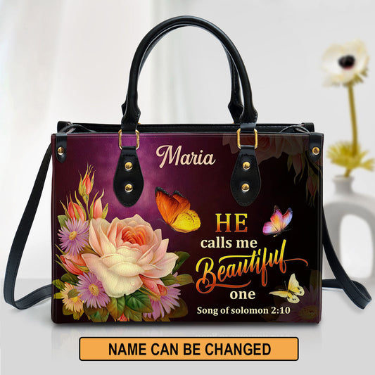 Solomon 2 10 Flower And Butterfly He Calls Me Beautiful One Leather Bag, Personalized Leather Bible Handbag, Christian Gifts For Women
