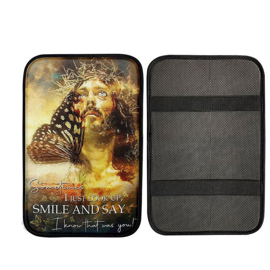 Sometimes I Jusst Look Up Smile And Say Jesus Car Center Console Cover, Religious Car Interior Accessories