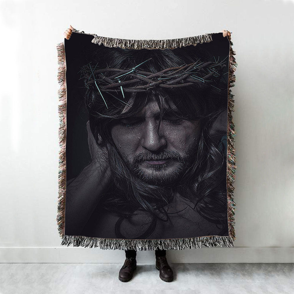 Spiritual Jesus Christ With Crown Of Thorns Woven Blanket Prints - Religious Woven Blanket Art - Christian Boho Blanket