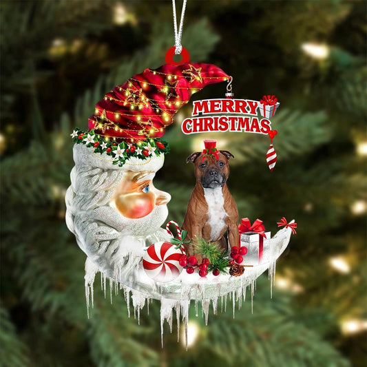 Staffordshire Bull Terrier On The Moon Merry Christmas Hanging Ornament, Christmas Gift, Christmas Tree Decorations, Christmas Ornament 2023