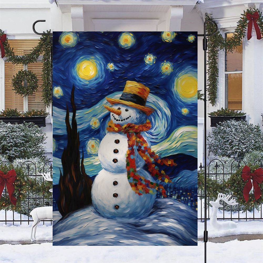Starry Night Snowman A Whimsical Winter Celebration Flag, Christmas Garden Flag, Home Decor Accessories, Christmas Outdoor Decor Ideas