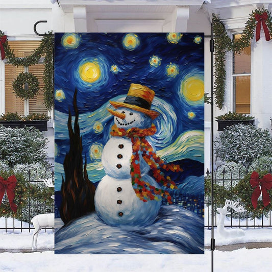 Starry Night Snowman A Whimsical Winter Celebration Flag, Christmas Garden Flag, Home Decor Accessories, Christmas Outdoor Decor Ideas