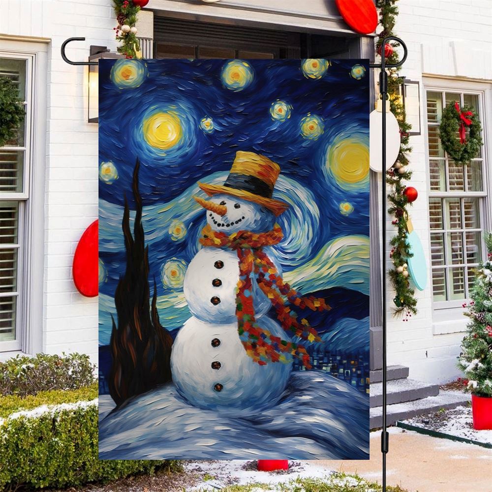 Starry Night Snowman A Whimsical Winter Celebration Flag, Christmas Garden Flag, Home Decor Accessories, Christmas Outdoor Decor Ideas