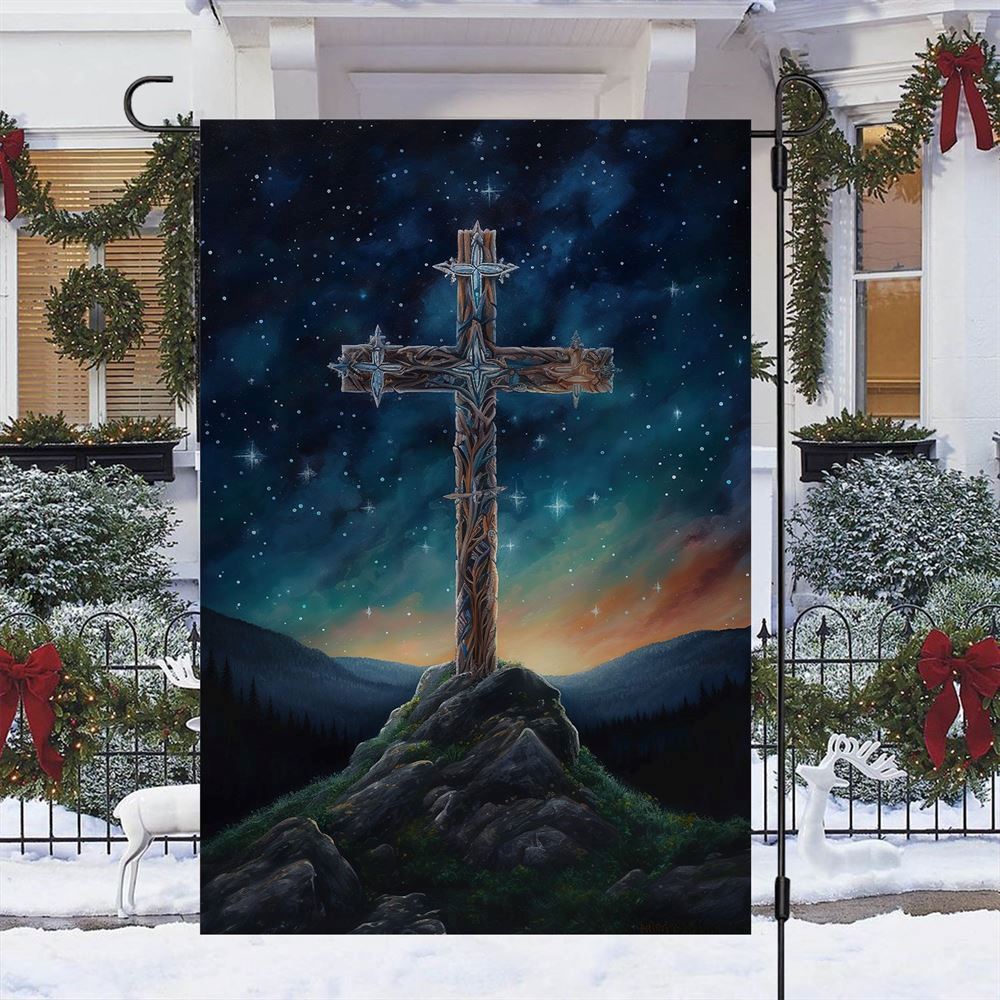Starry Redemption The Celestial Cross Of Christmas Flag, Christian Christmas House Flag, Christmas Outdoor Decor Ideas