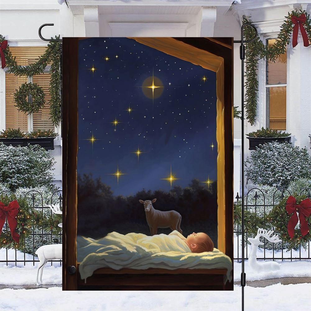 Starry Serenity The Newborn's Peaceful Slumber Flag, Christian Christmas House Flag, Christmas Outdoor Decor Ideas