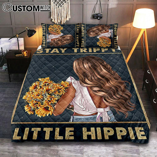 Stay Trippy Little Hippie Sunflower Quilt Bedding Set Bedroom - Decor For Women, Teen Girls Bedroom - Hippy Living Room