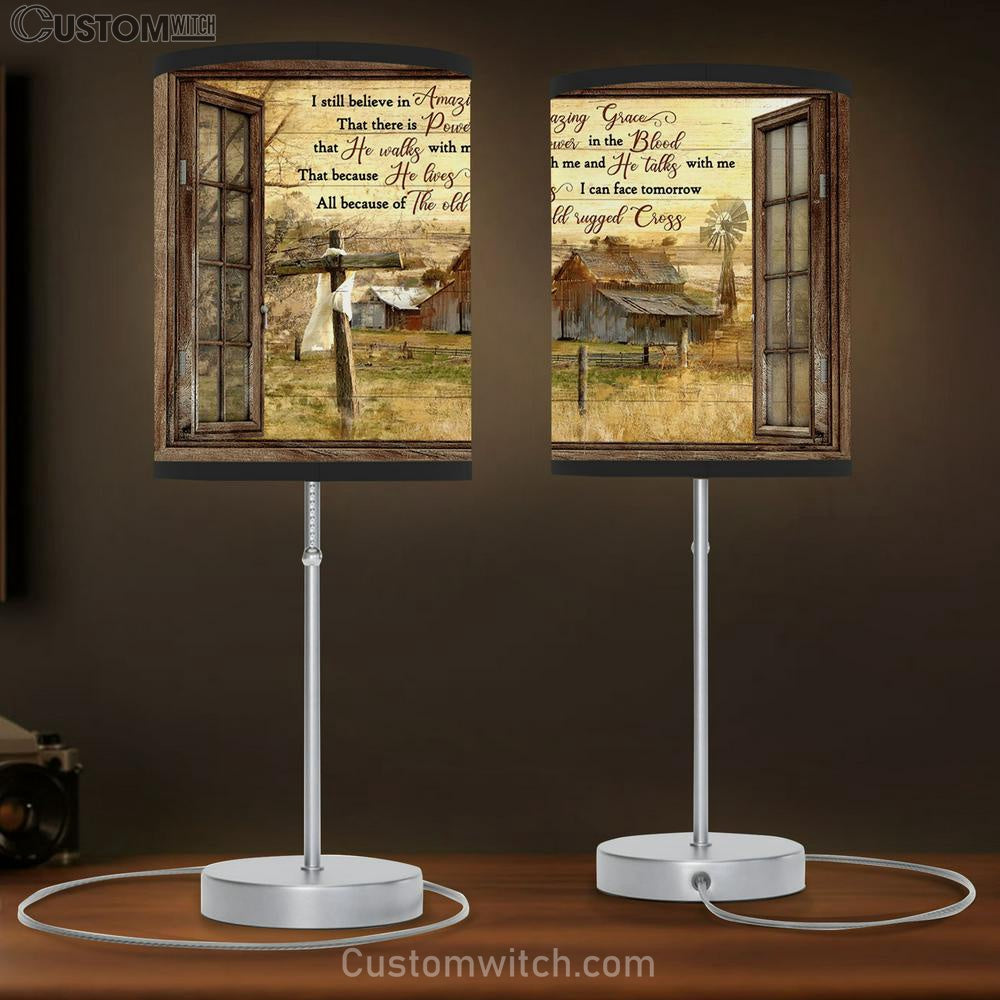 Still Believe In Amazing Grace Window Cross Barn Large Table Lamb - Christian Table Lamb Prints - Religious Table Lamb Art