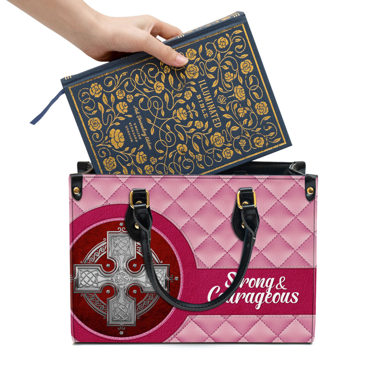 Strong And Courageous Inspiration Religious Gift For Christian Women Zippered Pink Leather Handbag With Handle