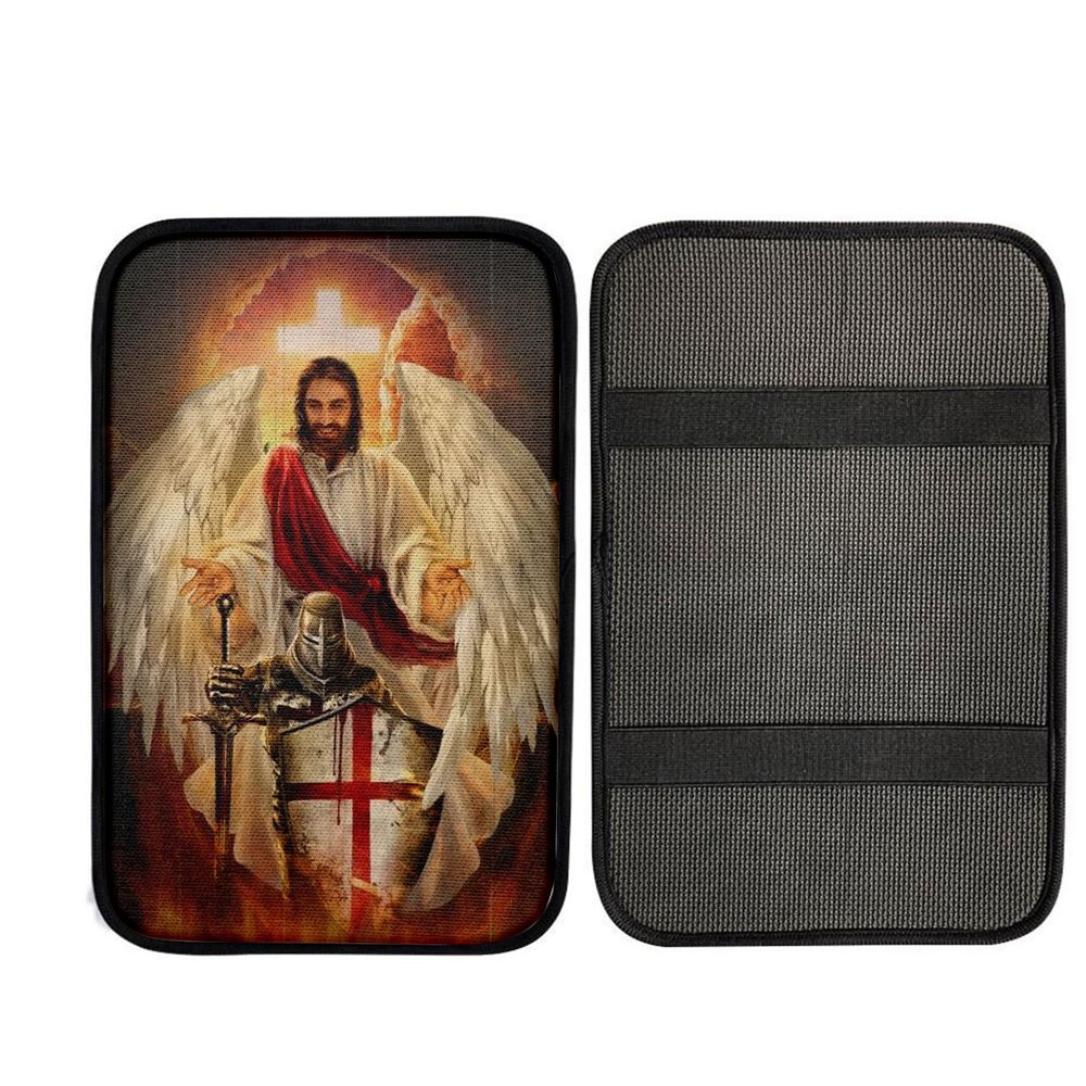 Stunning Angel Wings, Amazing Warrior, Jesus, Cross Car Center Console Cover, Car Armrest Pad, Christian Gift, Armrest Box Mat