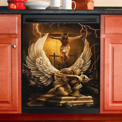 Stunning Angel Wings Jesus On The Cross Dishwasher Cover, Inspirational Dishwasher Wrap, Christian Kitchen Decoration