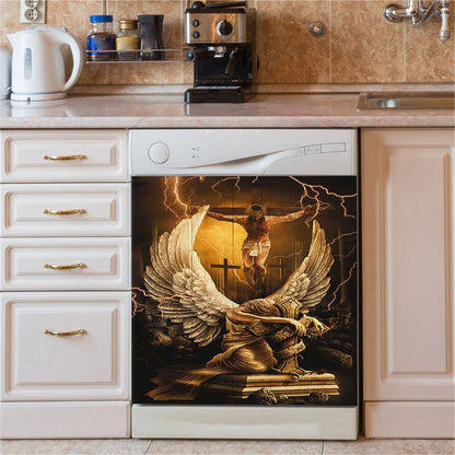 Stunning Angel Wings Jesus On The Cross Dishwasher Cover, Inspirational Dishwasher Wrap, Christian Kitchen Decoration