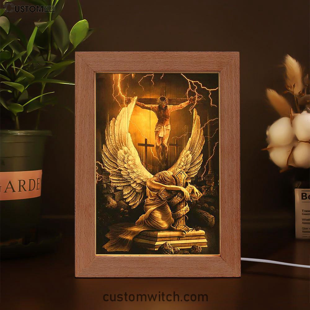 Stunning Angel Wings Jesus On The Cross Frame Lamp Print - Inspirational Frame Lamp Art - Christian Art Home Decor
