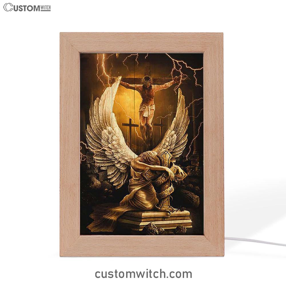 Stunning Angel Wings Jesus On The Cross Frame Lamp Print - Inspirational Frame Lamp Art - Christian Art Home Decor