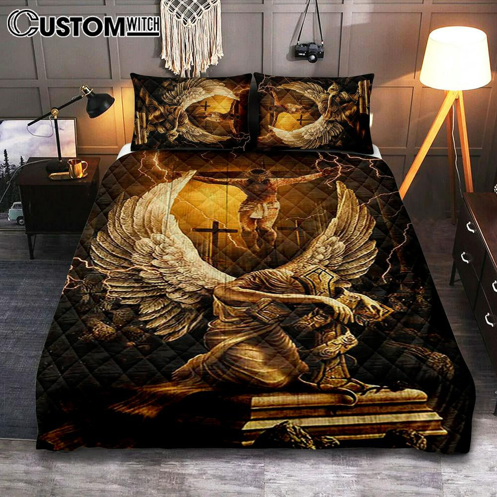 Stunning Angel Wings Jesus On The Cross Quilt Bedding Set Print - Inspirational Quilt Bedding Set Art - Christian Bedroom Home Decor
