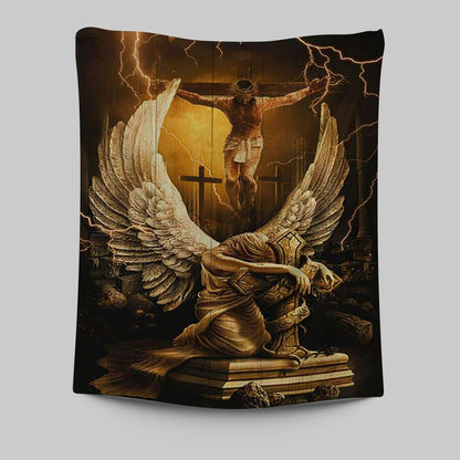 Stunning Angel Wings Jesus On The Cross Tapestry Print - Inspirational Tapestry Art - Christian Wall Art Home Decor