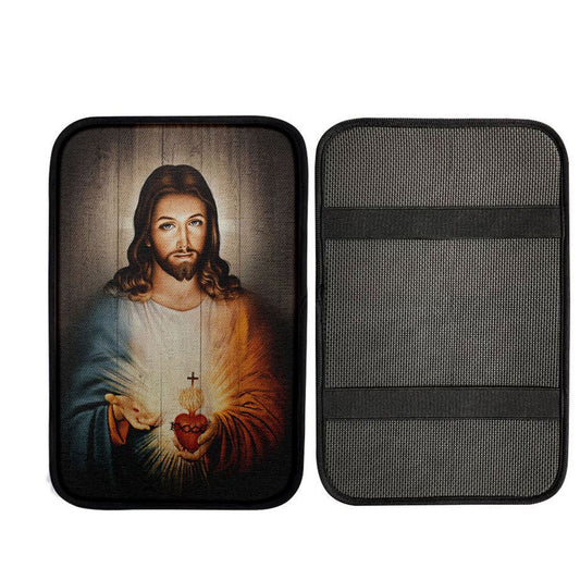 Stunning Heart Walking With Jesus Car Armrest Pad Car Center Console Cover, Bible Verse Car Interior Accessories