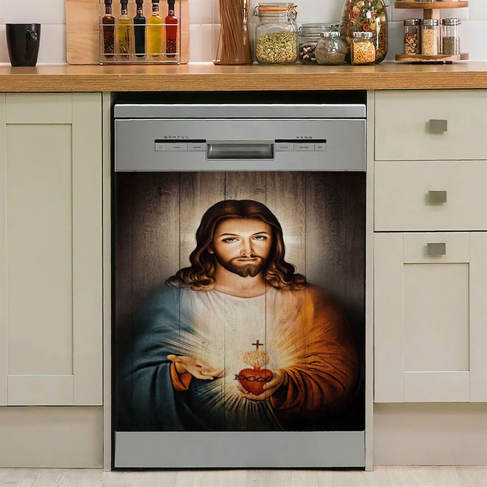 Stunning Heart Walking With Jesus Dishwasher Cover, Christian Dishwasher Wrap, Bible Verse Kitchen Decoration