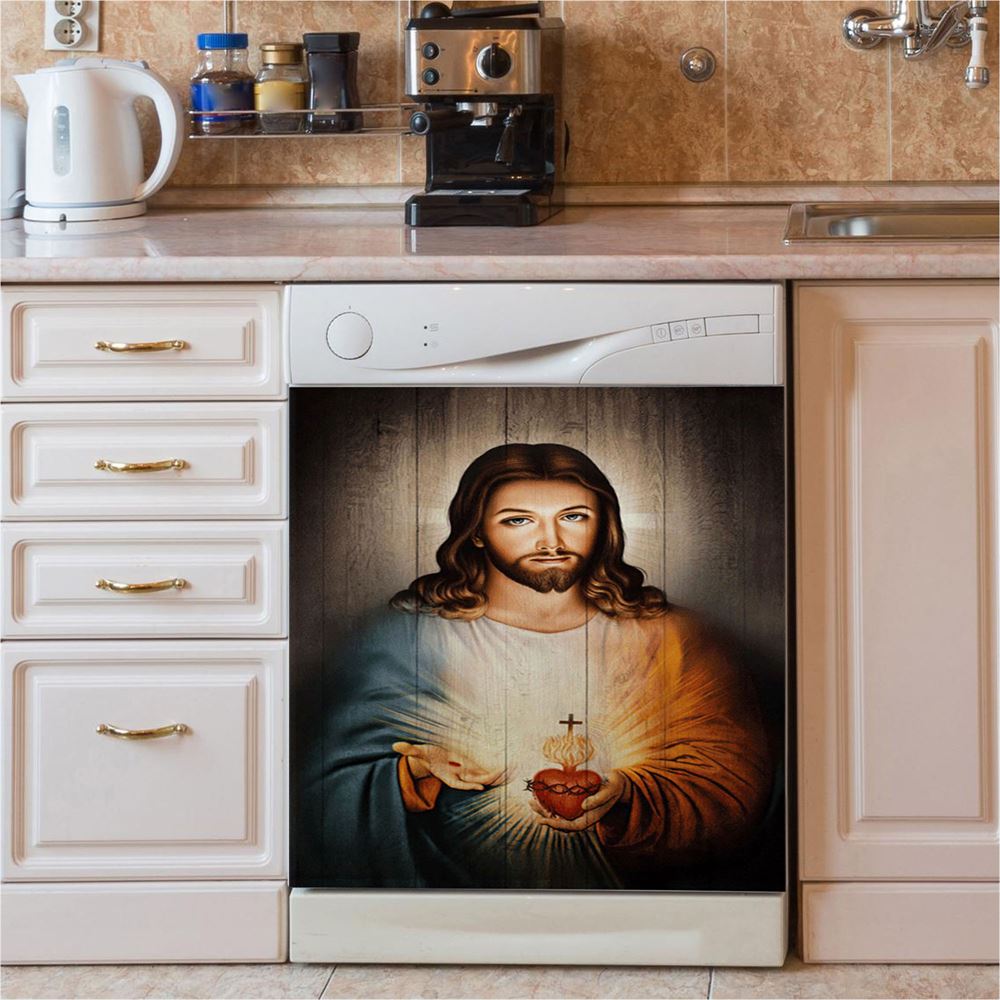 Stunning Heart Walking With Jesus Dishwasher Cover, Christian Dishwasher Wrap, Bible Verse Kitchen Decoration