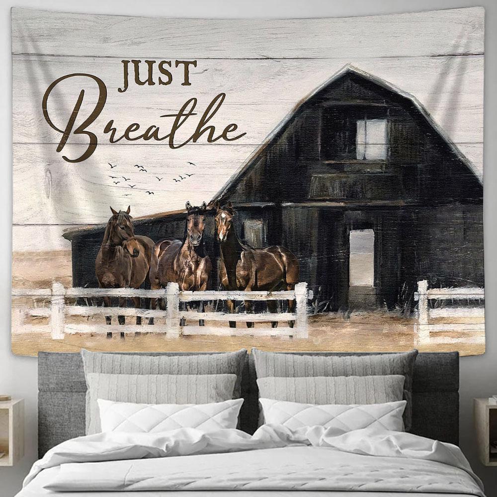 Stunning Horses Just Breathe Tapestry Wall Art - Bible Verse Tapestry - Religious Tapestry Wall Hanging