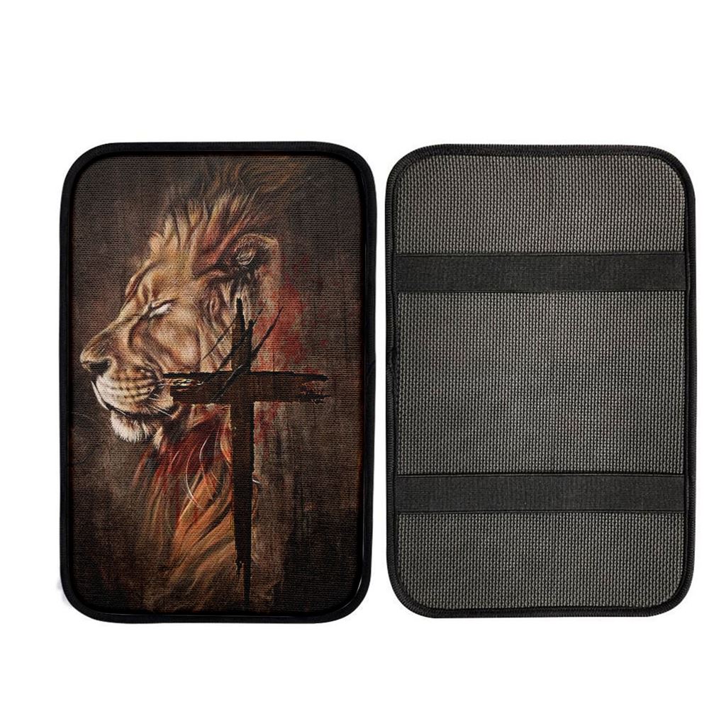 Stunning Lion Face Antique Cross Car Center Console Cover, Car Armrest Pad, Christian Gift, Armrest Box Mat