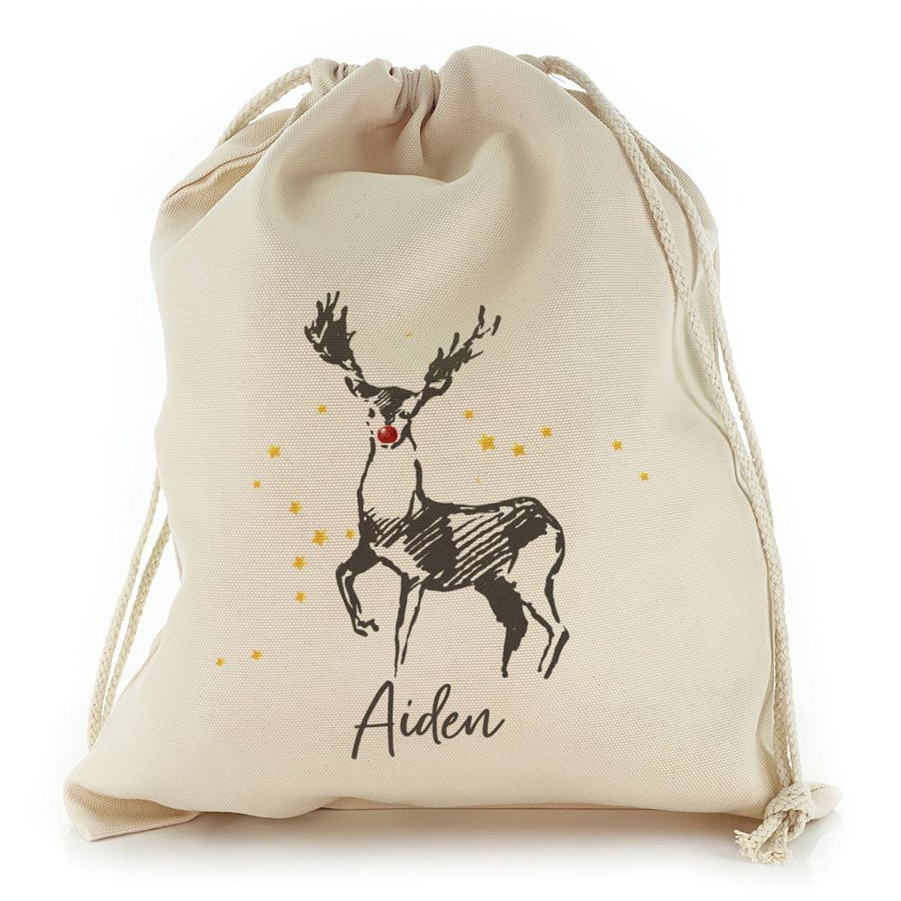 Stylish Text and Red Nose Reindeer Star Sketch Christmas Sack, Gift For Chidren, Christmas Bag Gift, Christmas Gift 2023