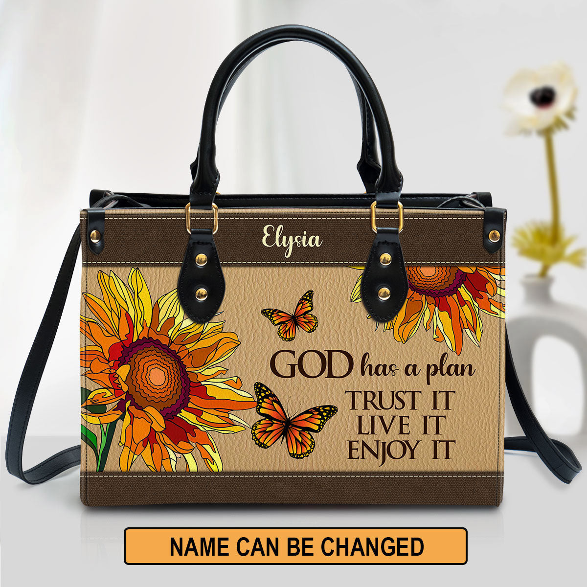 Sunflower And Butterfly God Has A Plan Trust It Live It Enjoy It Personalized Leather Handbag Christ Gifts For Religious Women