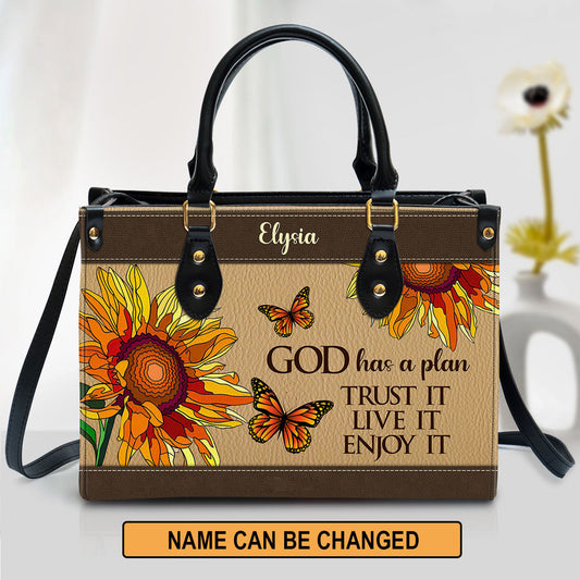 Sunflower And Butterfly God Has A Plan Trust It Live It Enjoy It Personalized Leather Handbag Christ Gifts For Religious Women