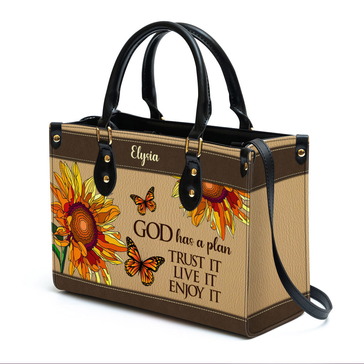 Sunflower And Butterfly God Has A Plan Trust It Live It Enjoy It Personalized Leather Handbag Christ Gifts For Religious Women