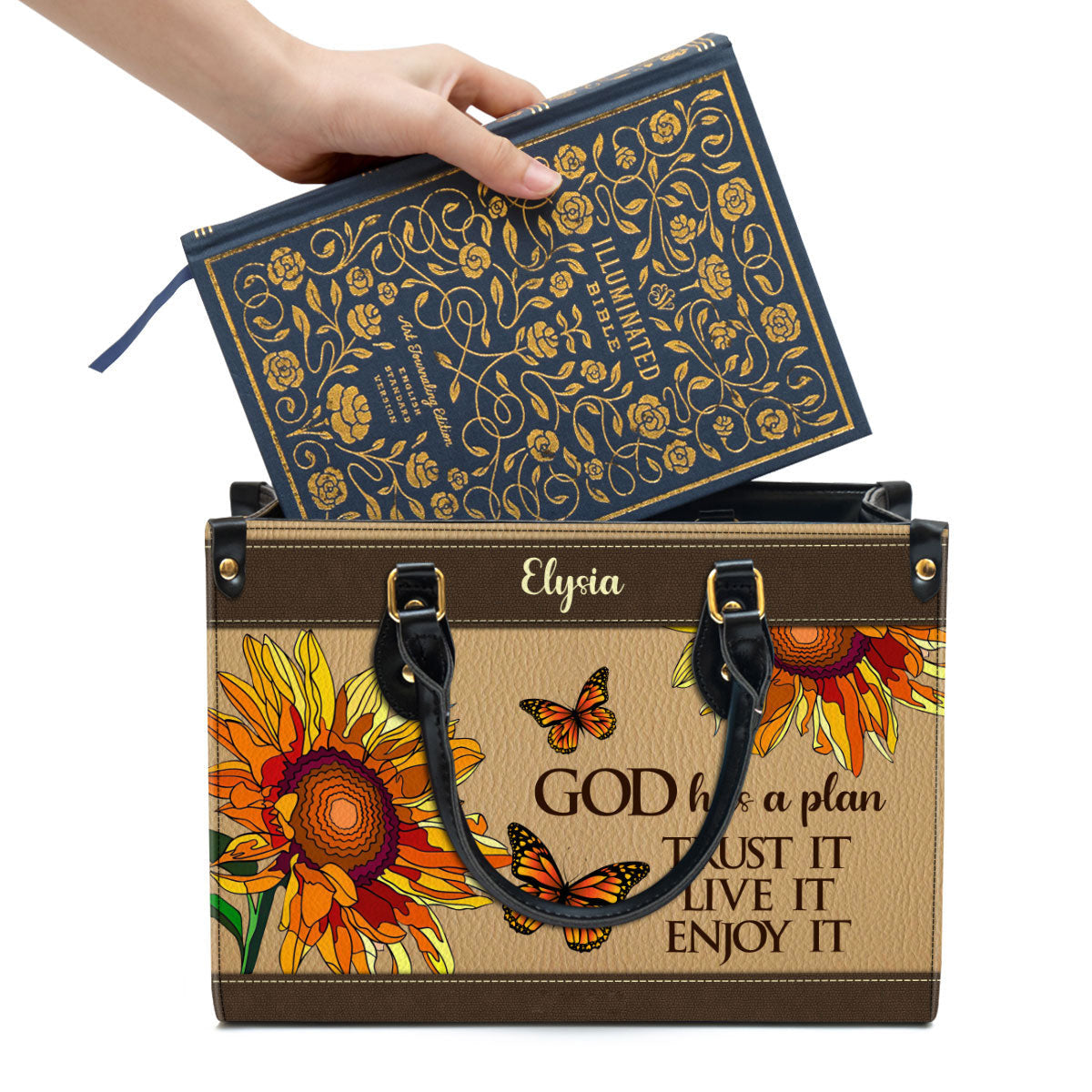 Sunflower And Butterfly God Has A Plan Trust It Live It Enjoy It Personalized Leather Handbag Christ Gifts For Religious Women