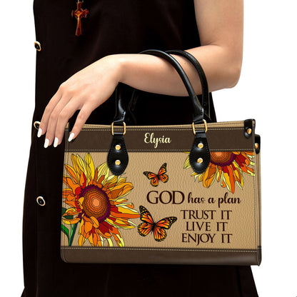 Sunflower And Butterfly God Has A Plan Trust It Live It Enjoy It Personalized Leather Handbag Christ Gifts For Religious Women