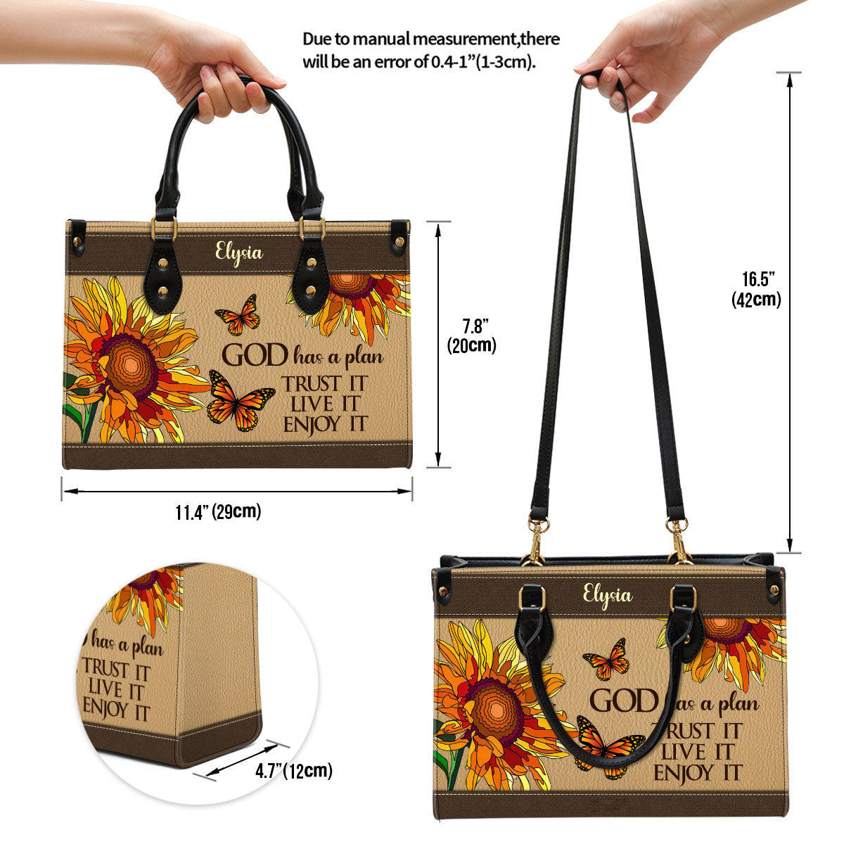 Sunflower And Butterfly God Has A Plan Trust It Live It Enjoy It Personalized Leather Handbag Christ Gifts For Religious Women