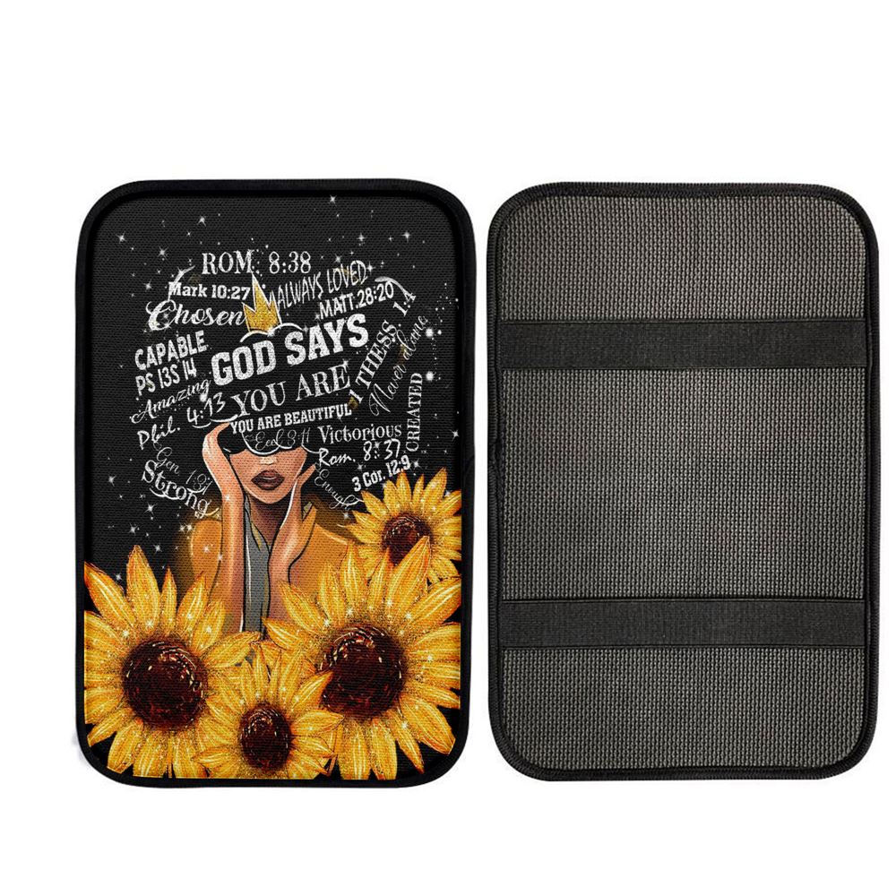Sunflower Black Girl Car Center Console Cover - God Says You Are Sunflower Car Center Console Cover