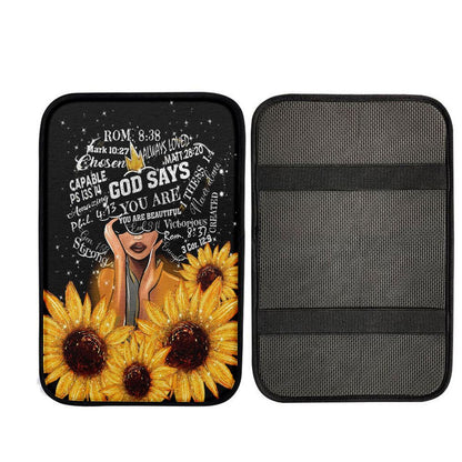 Sunflower Black Girl Car Center Console Cover - God Says You Are Sunflower Car Center Console Cover