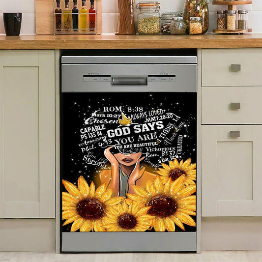 Sunflower Black Girl Dishwasher Cover, God Says You Are Sunflower Dishwasher Wrap, Religious Kitchen Decoration