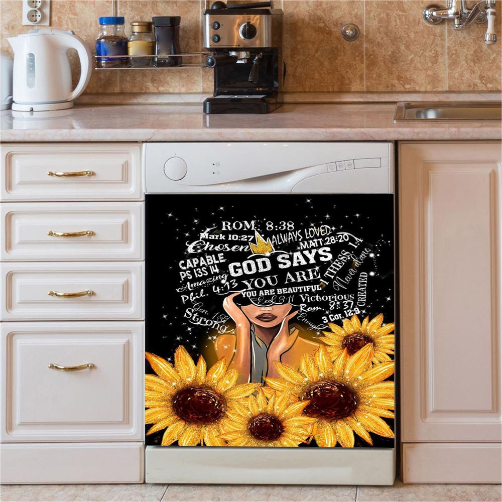 Sunflower Black Girl Dishwasher Cover, God Says You Are Sunflower Dishwasher Wrap, Religious Kitchen Decoration