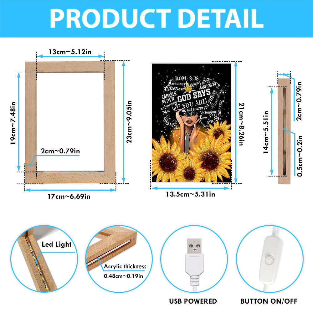 Sunflower Black Girl Frame Lamp Prints - God Says You Are Sunflower Frame Lamp Art - Religious Gifts Night Light