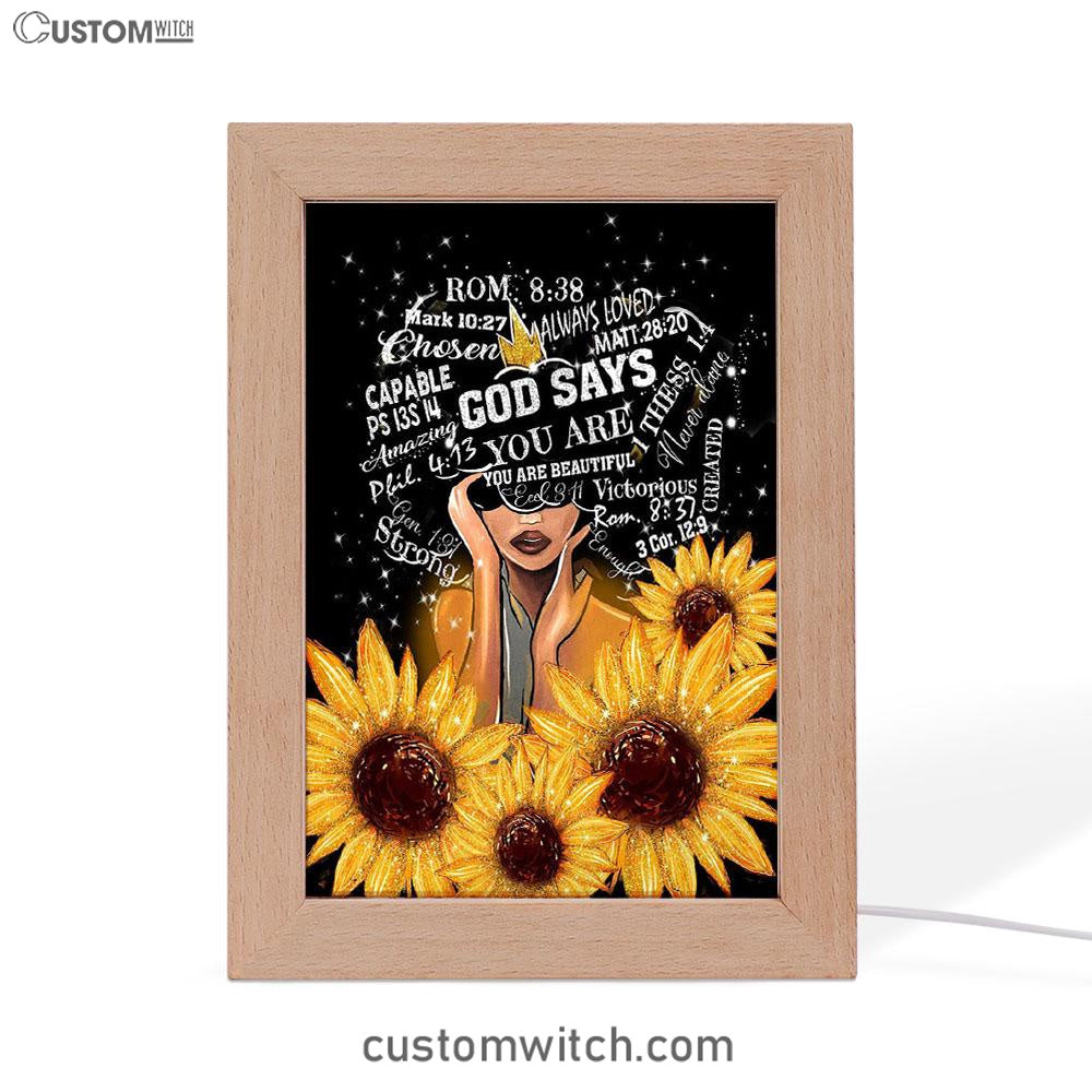 Sunflower Black Girl Frame Lamp Prints - God Says You Are Sunflower Frame Lamp Art - Religious Gifts Night Light