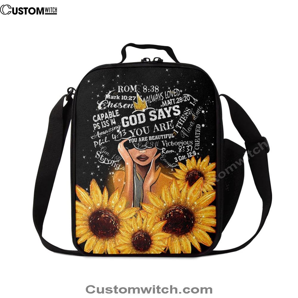 Sunflower Black Girl Lunch Bags - God Says You Are Sunflower Lunch Bag, Bible Verse Lunch Bag For Men And Women