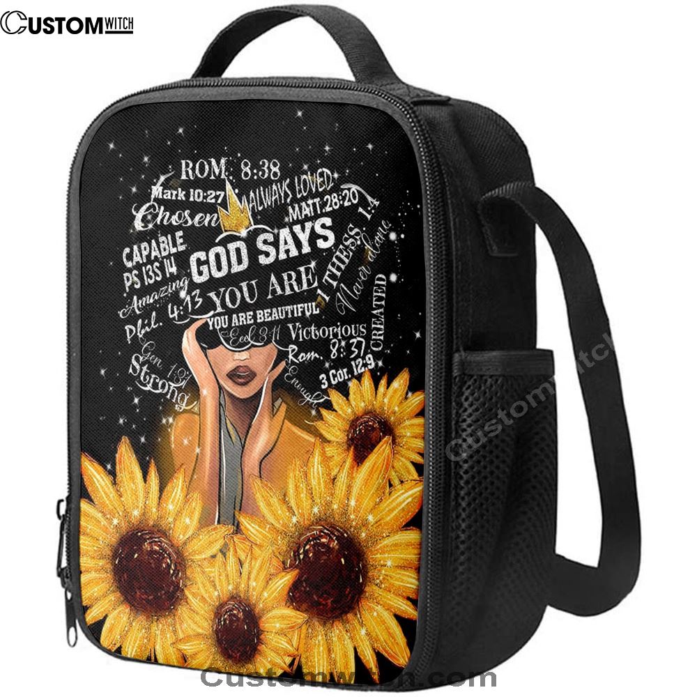 Sunflower Black Girl Lunch Bags - God Says You Are Sunflower Lunch Bag, Bible Verse Lunch Bag For Men And Women