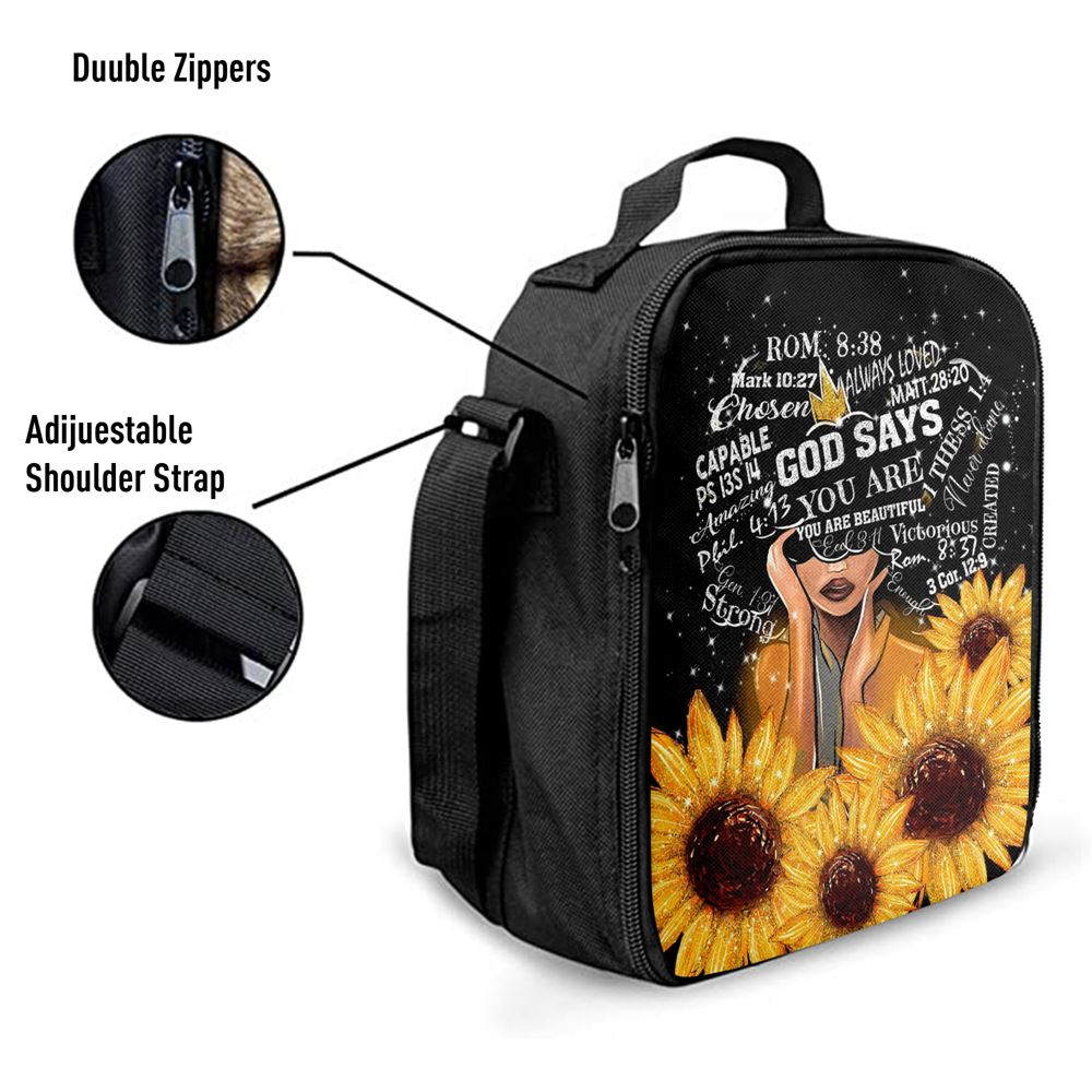 Sunflower Black Girl Lunch Bags - God Says You Are Sunflower Lunch Bag, Bible Verse Lunch Bag For Men And Women